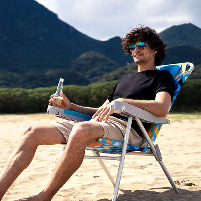 Sunnyfeel Outdoor Beach Folding Reclining Chair w/Armrest Cup Holders, Blue Wave