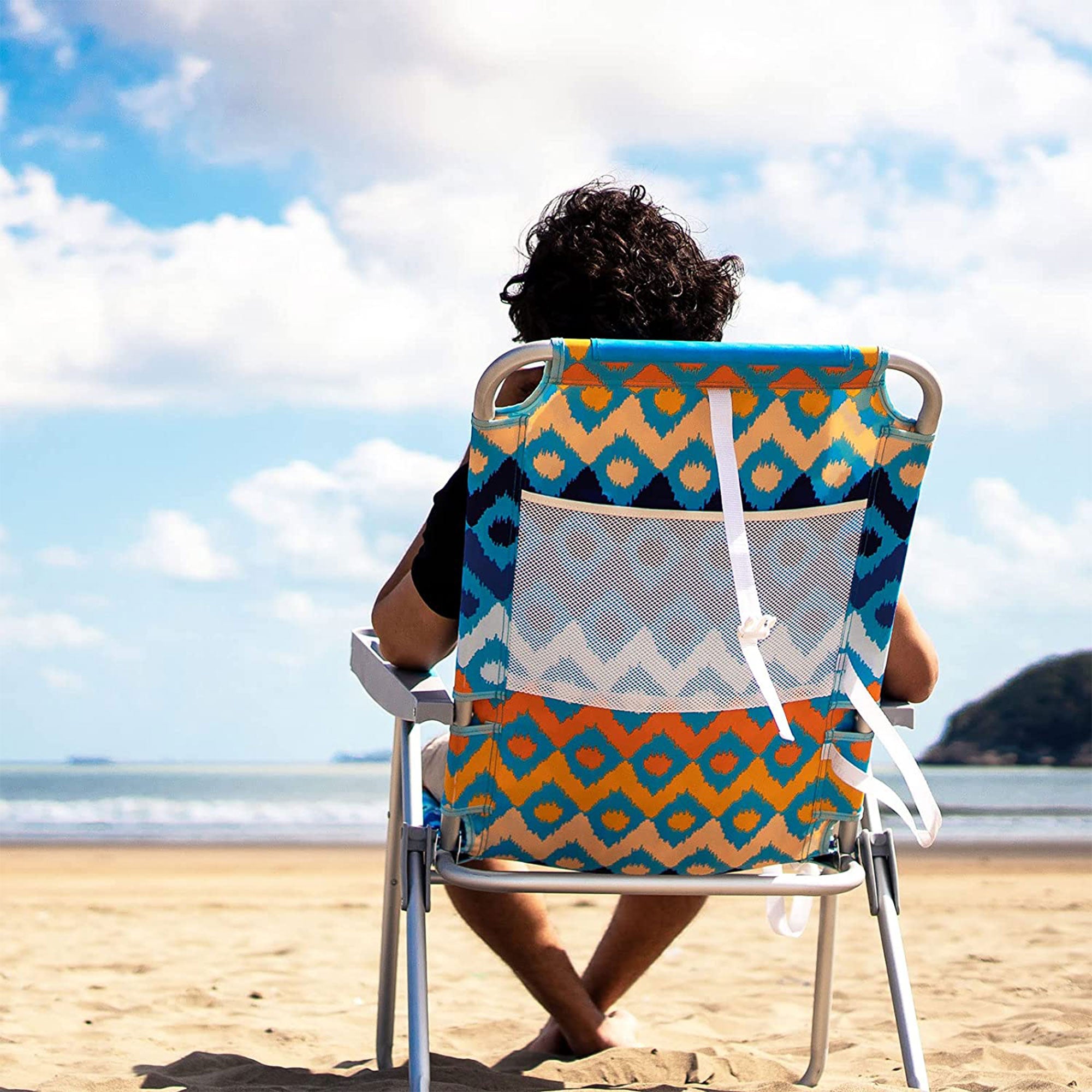 Sunnyfeel Outdoor Beach Folding Reclining Chair w/Armrest Cup Holders, Blue Wave