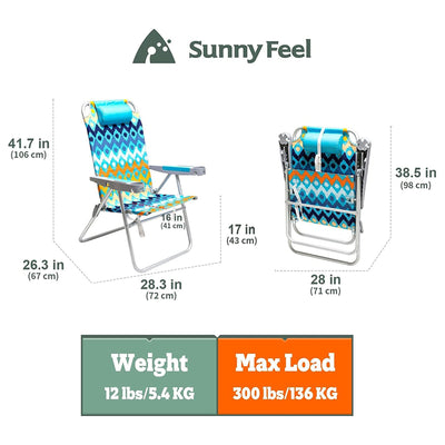 Sunnyfeel Outdoor Beach Folding Reclining Chair w/Armrest Cup Holders, Blue Wave