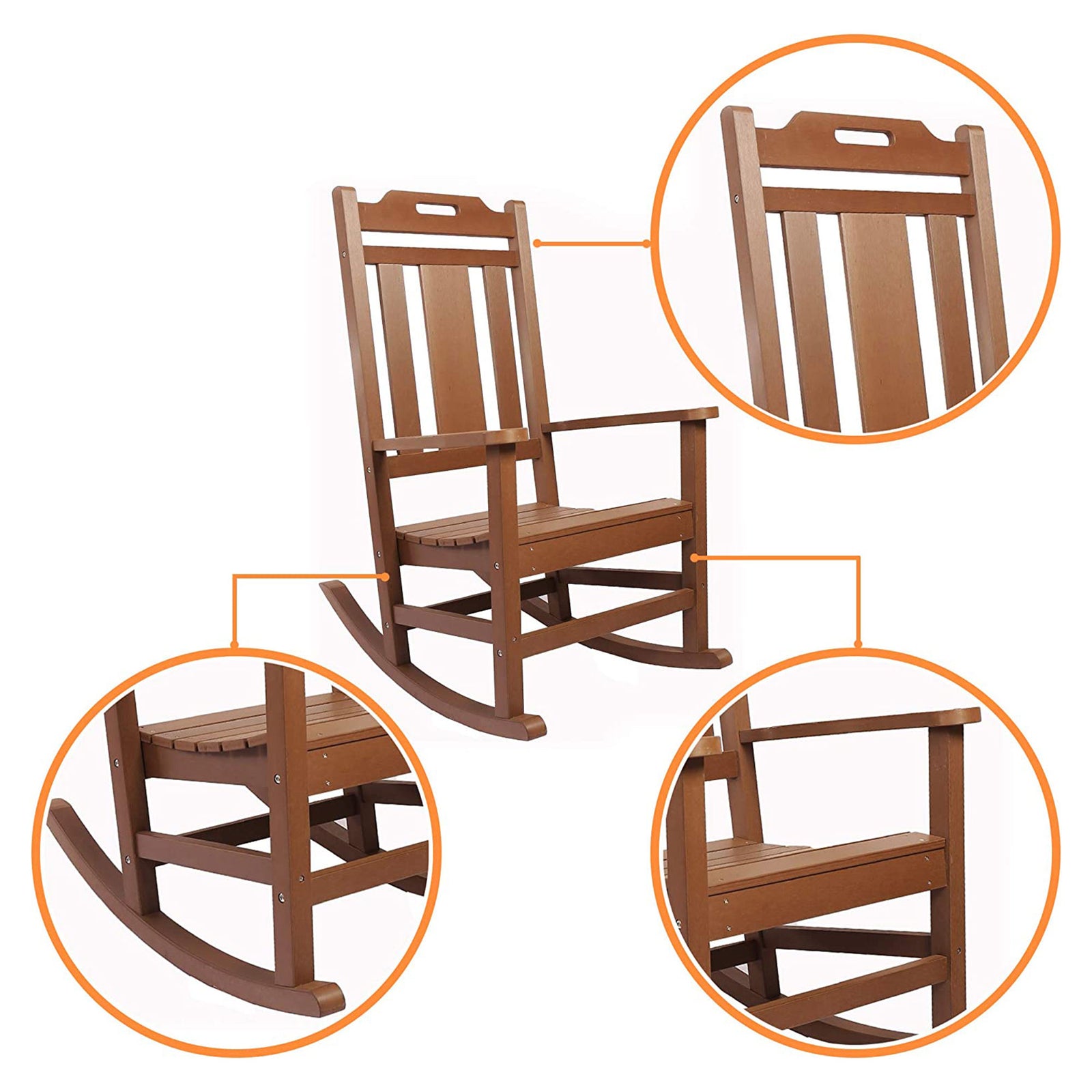 PolyTEAK Porch Rockers Collection Poly Lumber All Weather Rocking Chair, Brown - VMInnovations