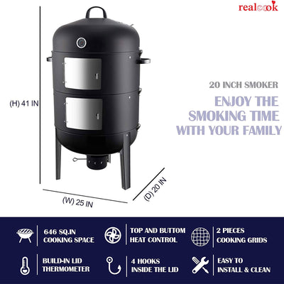 Realcool 20 Inch Vertical Heavy Duty Steel Charcoal Outdoor Smoker Grill (Used) - VMInnovations