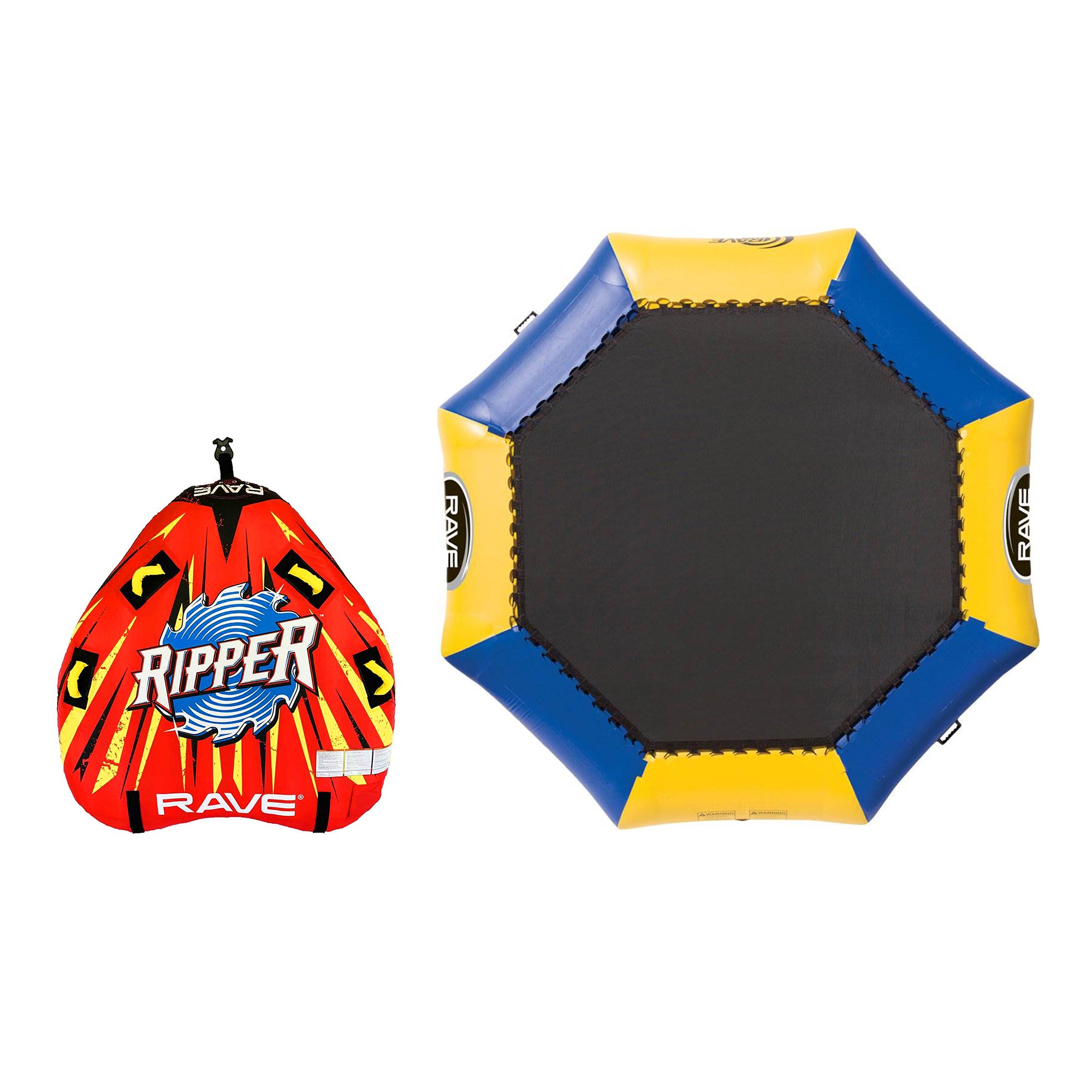 RAVE Sports Ripper 2 Rider Towable Float + Bongo 10 Ft Water Bouncer Trampoline