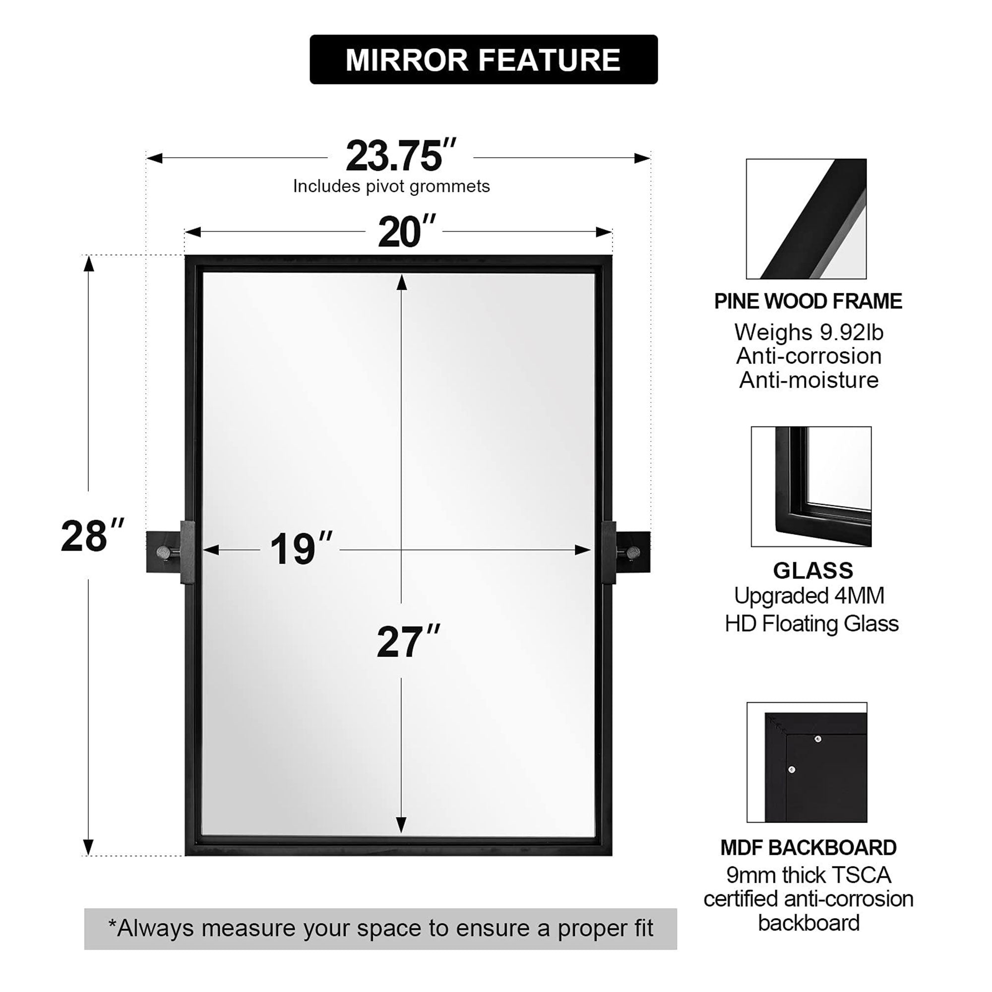 Moon Mirror 20 x 28 Inch Rectangular Hanging Bathroom Vanity, Black (Used) - VMInnovations