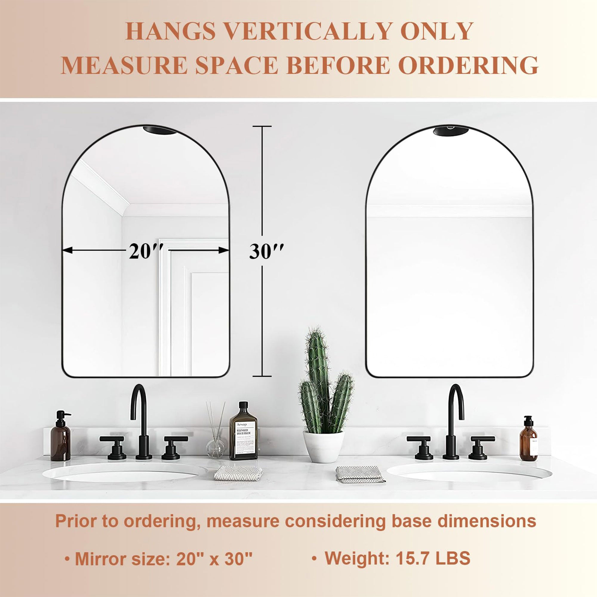 20 x 30 In Arched Wall Mounted Vanity Mirror w/ Steel Frame, Black (Used) - VMInnovations