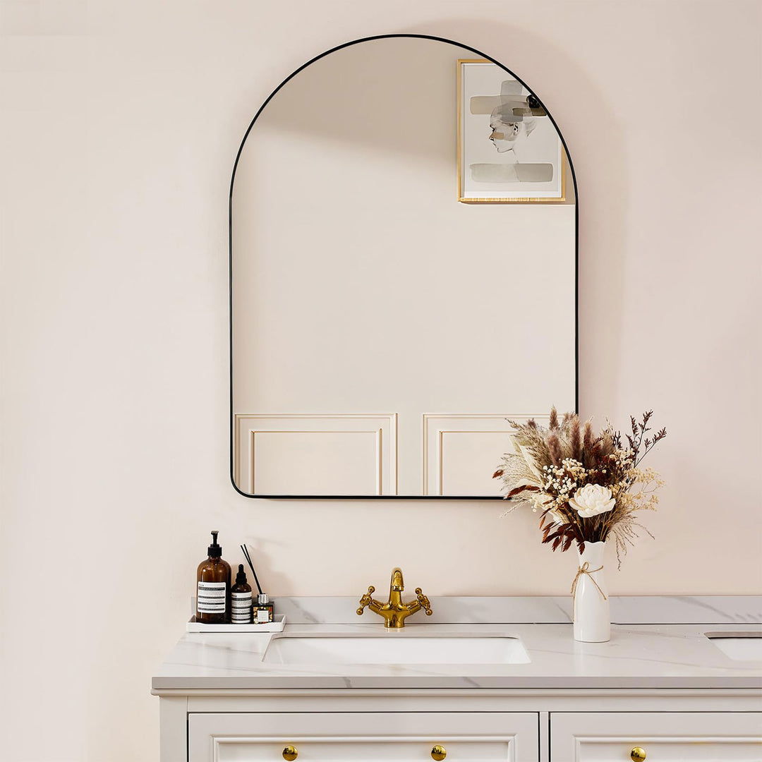 20 x 30 In Arched Wall Mounted Vanity Mirror w/ Steel Frame, Black (Used) - VMInnovations