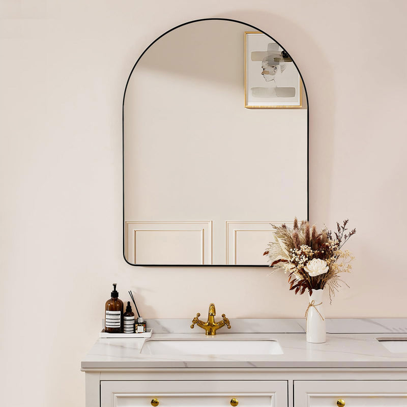 20 x 30 In Arched Wall Mounted Vanity Mirror w/ Steel Frame, Black (Used)