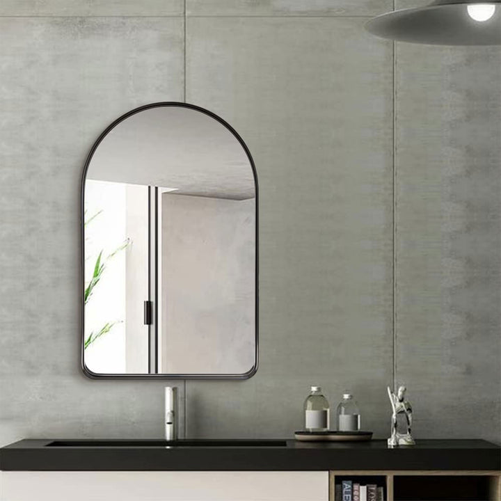 20 x 30 In Arched Wall Mounted Vanity Mirror w/ Steel Frame, Black (Used) - VMInnovations