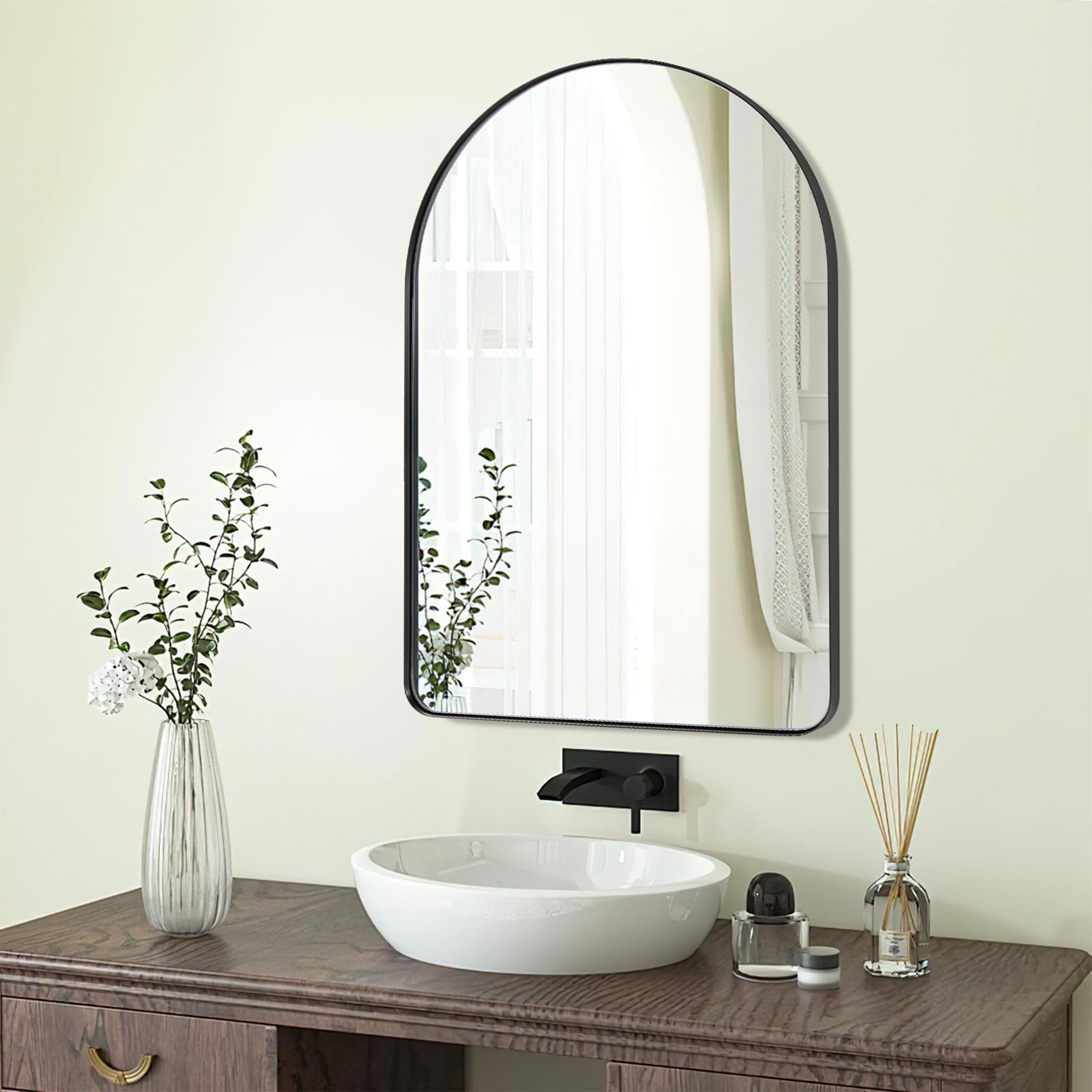 20 x 30 In Arched Wall Mounted Vanity Mirror w/ Steel Frame, Black (Used) - VMInnovations