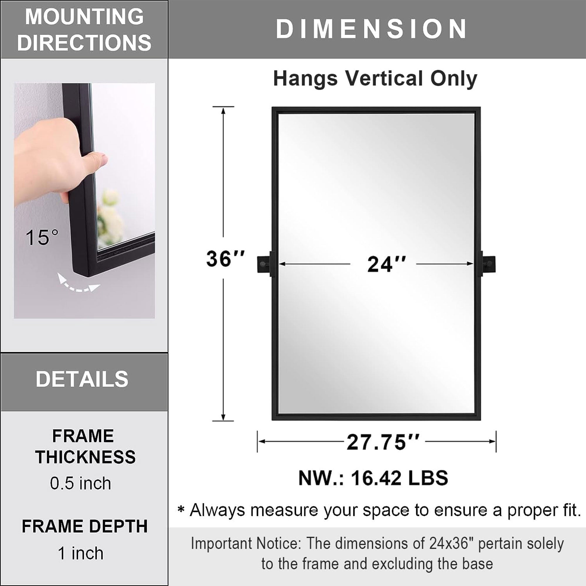Moon Mirror 24 x 36 Inch Pivoted Wall Mounted Vanity Mirror, Black (Used) - VMInnovations