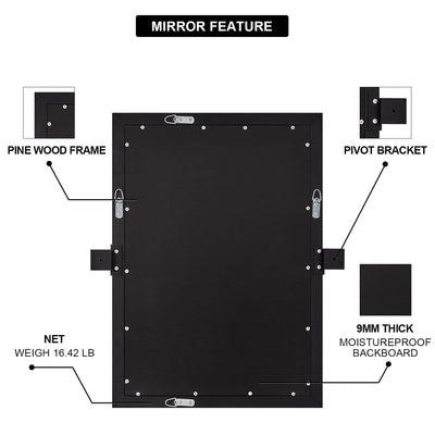 Moon Mirror 24 x 36 Inch Pivoted Rectangular Wall Mounted Vanity Mirror, Black