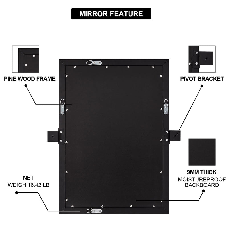 Moon Mirror 24" x 36" Rectangular Wall Mounted Vanity Mirror, Black (For Parts)