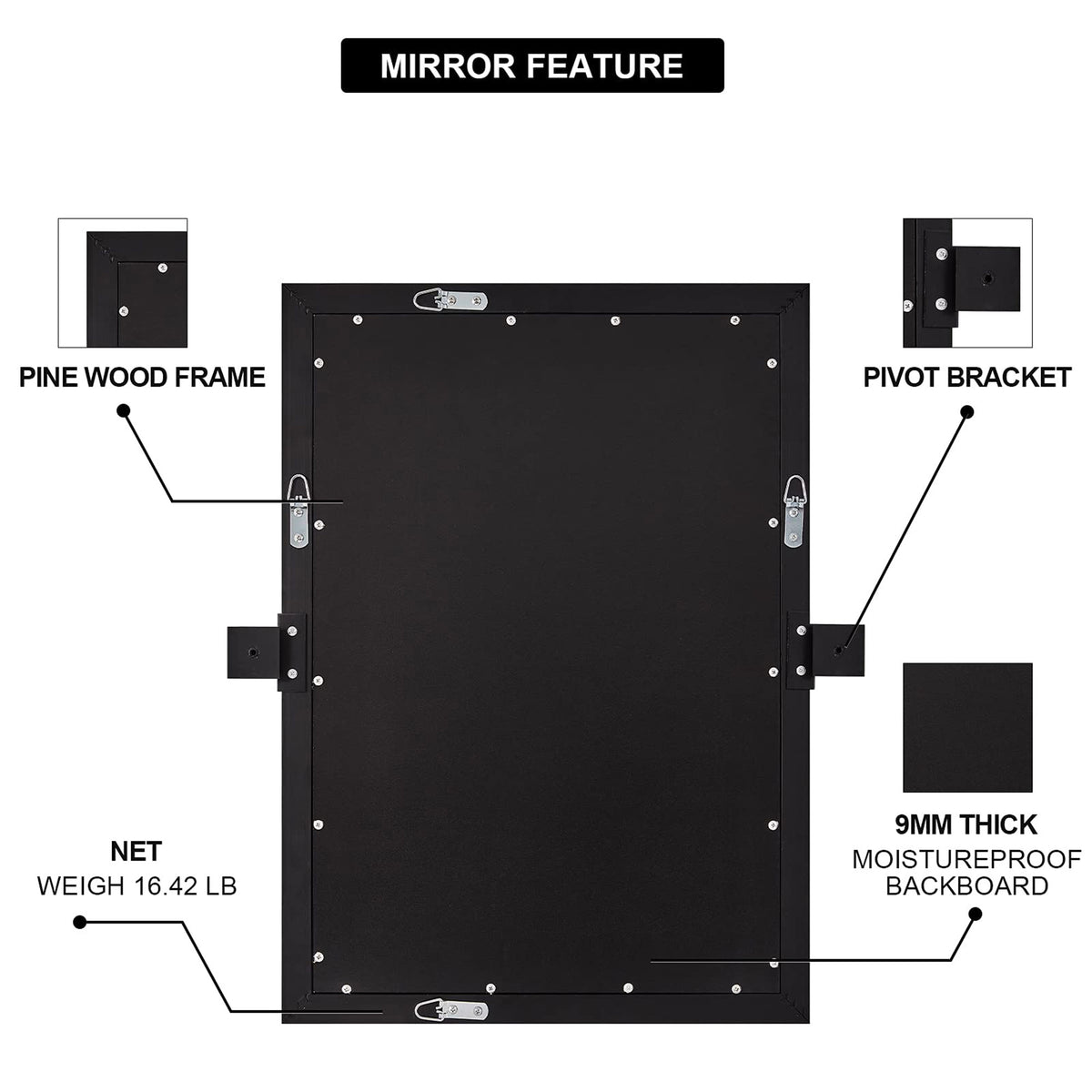 Moon Mirror 24 x 36 Inch Pivoted Wall Mounted Vanity Mirror, Black (Open Box) - VMInnovations