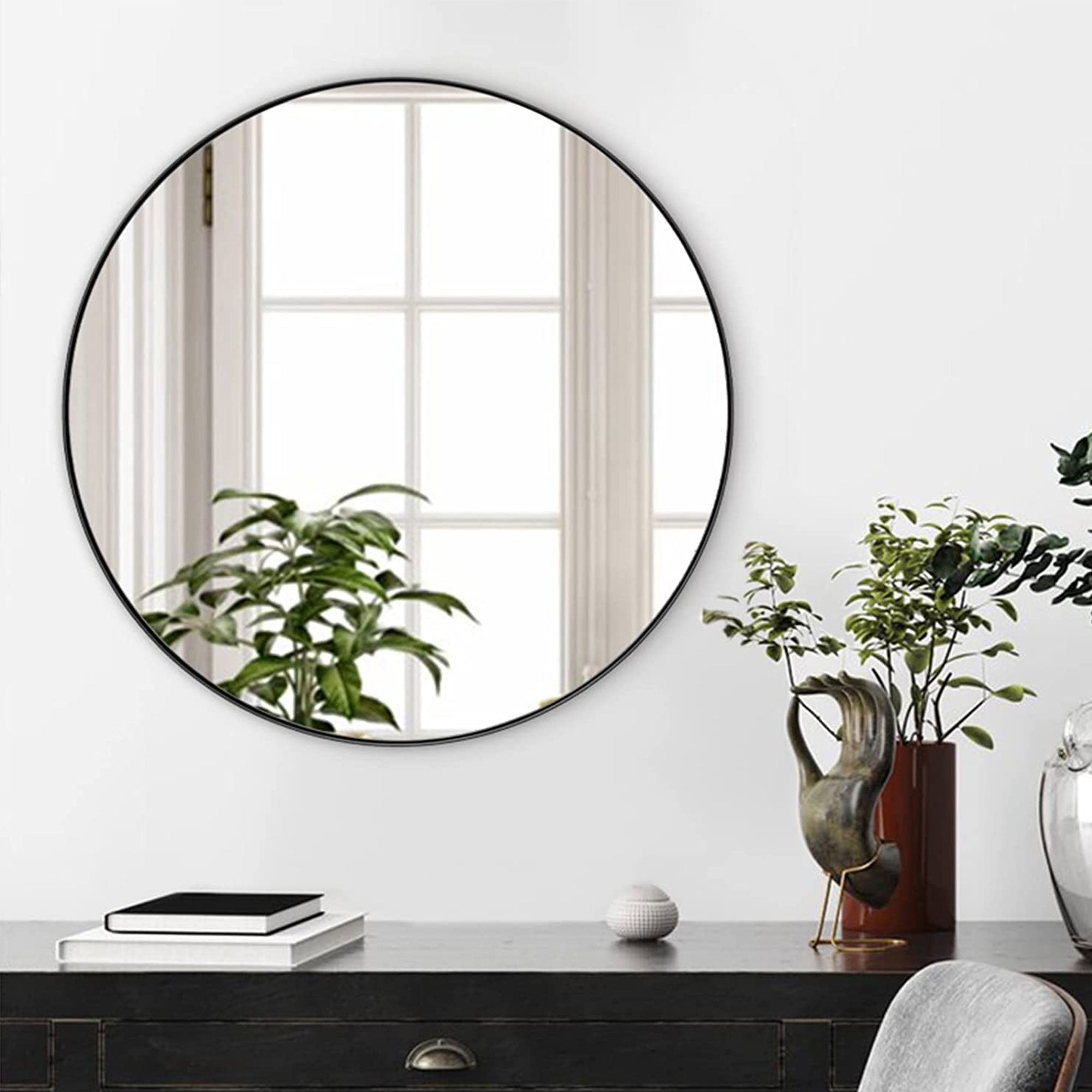 24 Inch Round Circle Mirror with Stainless Steel Metal Frame, Black (Open Box) - VMInnovations