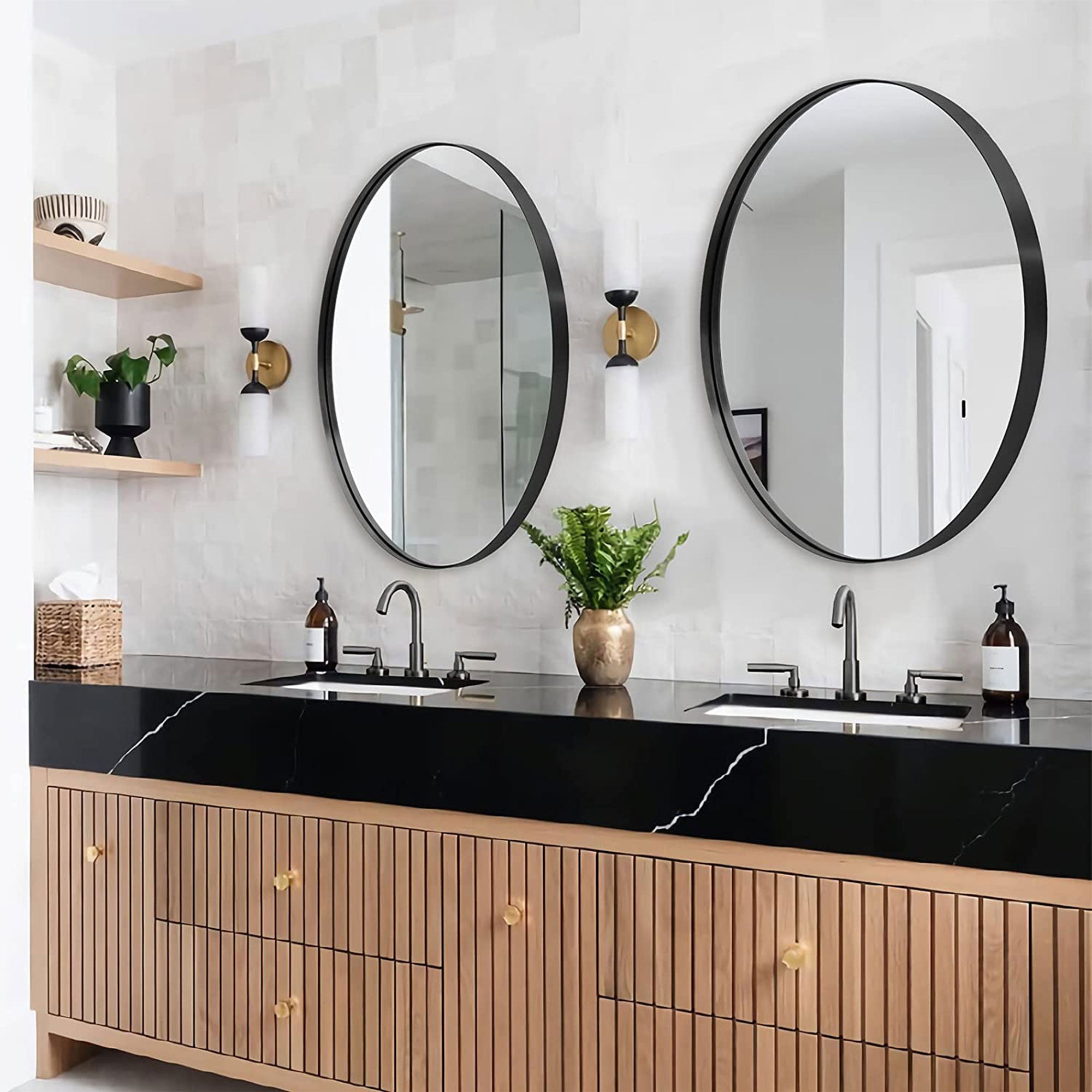 24 Inch Round Circle Mirror with Stainless Steel Metal Frame, Black (Open Box) - VMInnovations