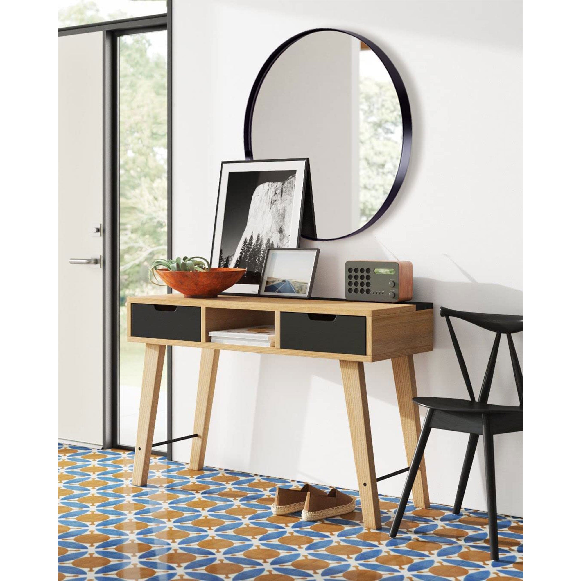 24 Inch Round Circle Mirror with Stainless Steel Metal Frame, Black (Open Box) - VMInnovations