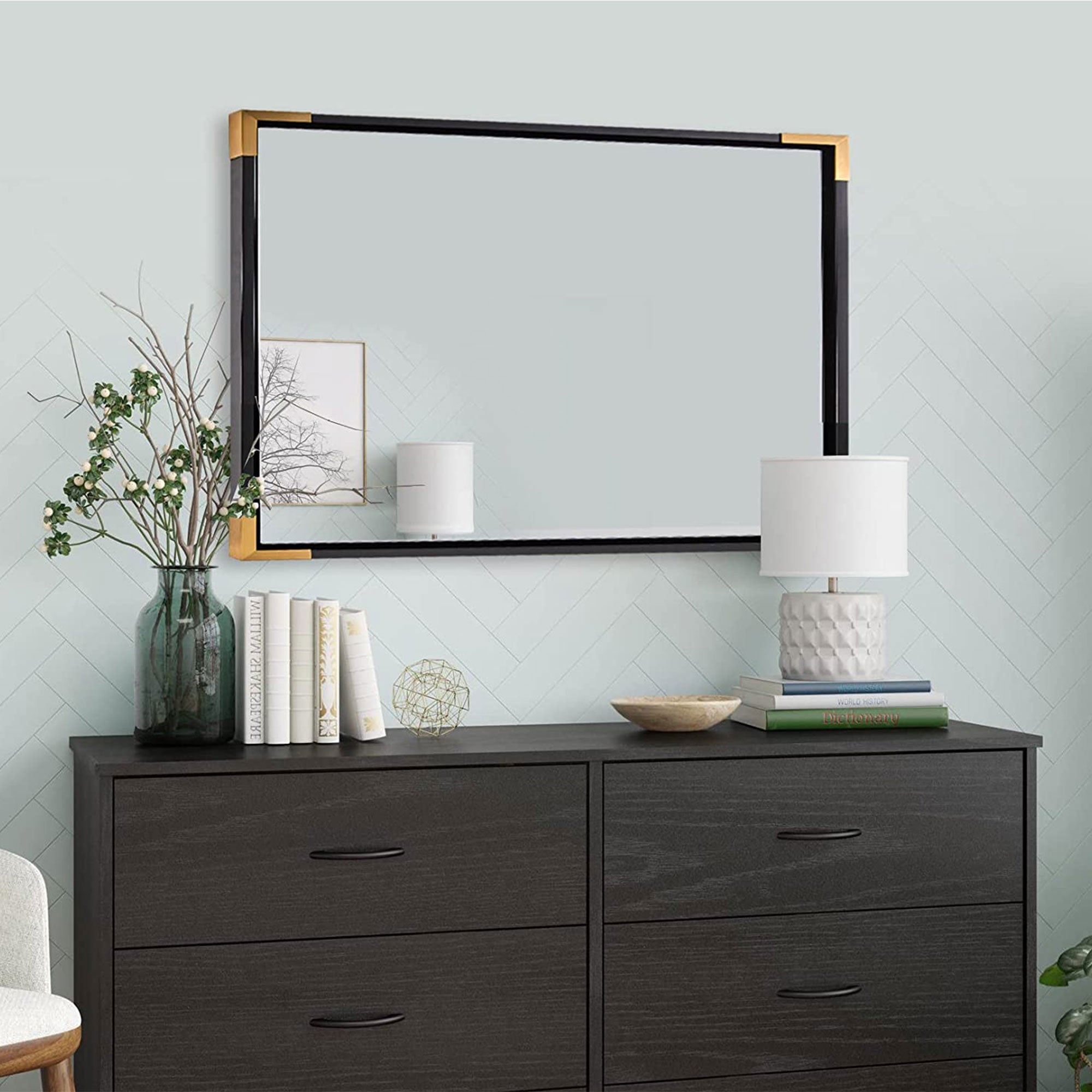 ANDY STAR 30"x40" Rectangular Wood Framed Vanity Mirror, Black and Gold (Used) - VMInnovations