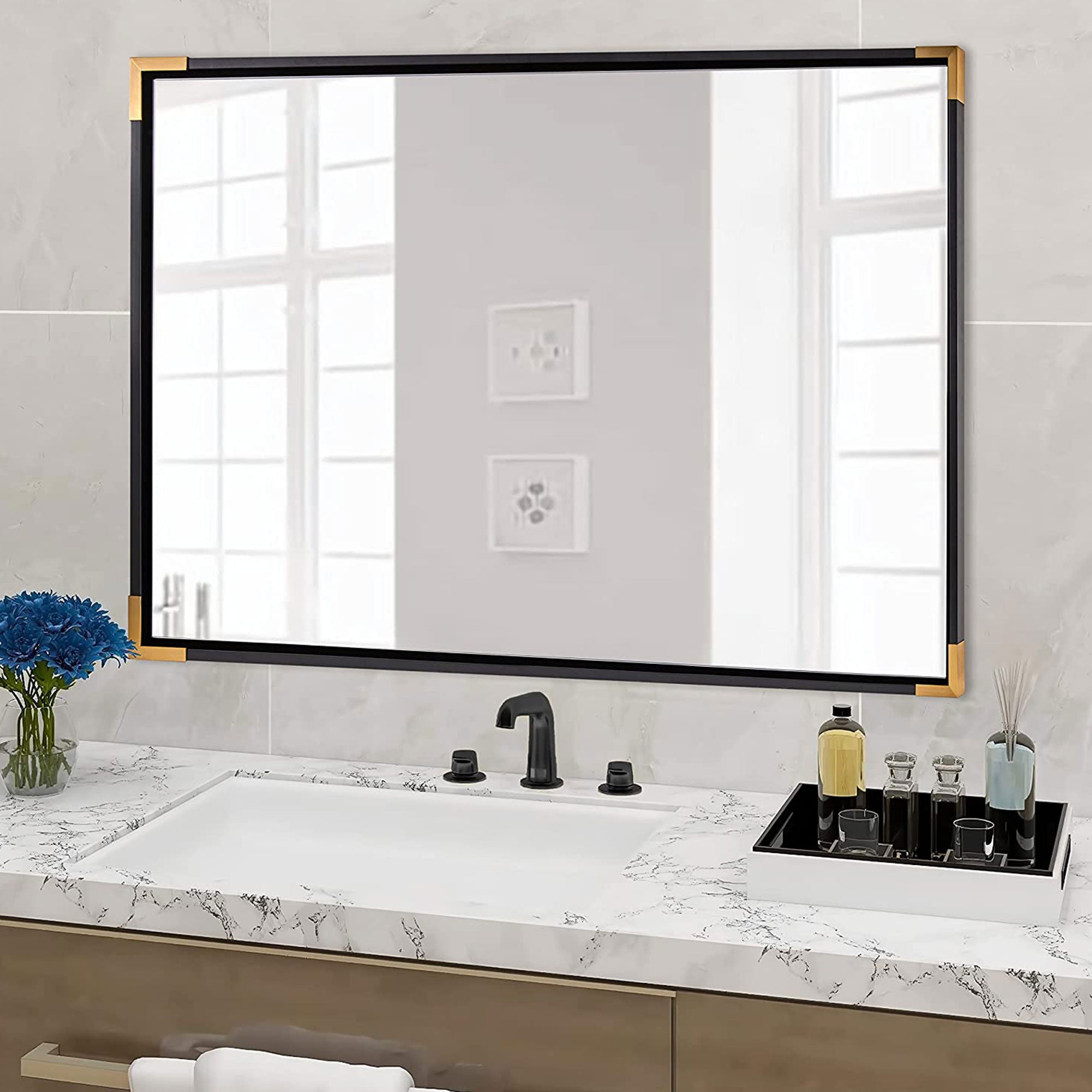 ANDY STAR 30 x 40 Inch Rectangular Wood Framed Vanity Mirror, Black and Gold - VMInnovations