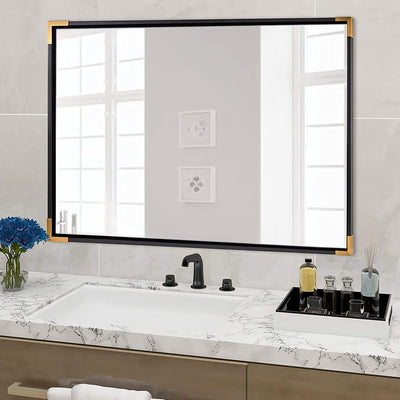 ANDY STAR 30 x 40 Inch Rectangular Wood Framed Vanity Mirror, Black and Gold - VMInnovations