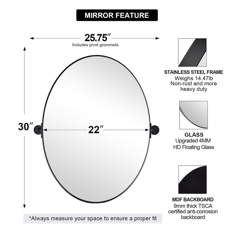 Moon Mirror Modern 22x30 Inch Oval Wall Mounted Vanity Mirror, Matte Black(Used)