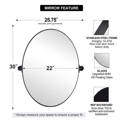 Moon Mirror Modern 22 x 30 Inch Oval Wall Mounted Vanity Mirror, Matte Black