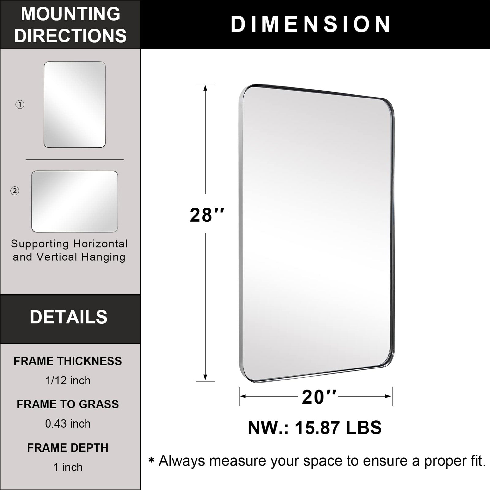 ANDY STAR Modern 20 x 28 Inch Hanging Vanity Mirror, Brushed Nickel (Open Box) - VMInnovations