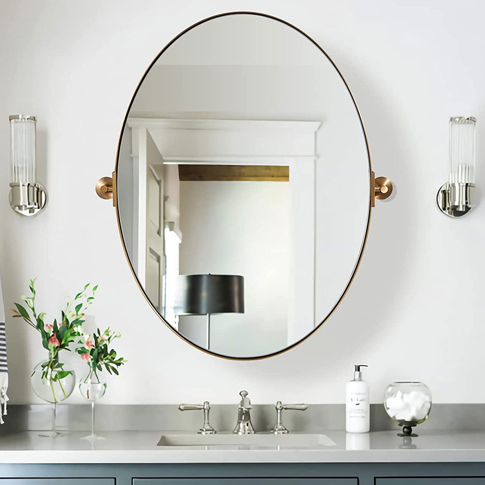 ANDY STAR  22x34 Inch Oval Wall Hanging Bathroom Mirror, Brushed Gold (Open Box) - VMInnovations