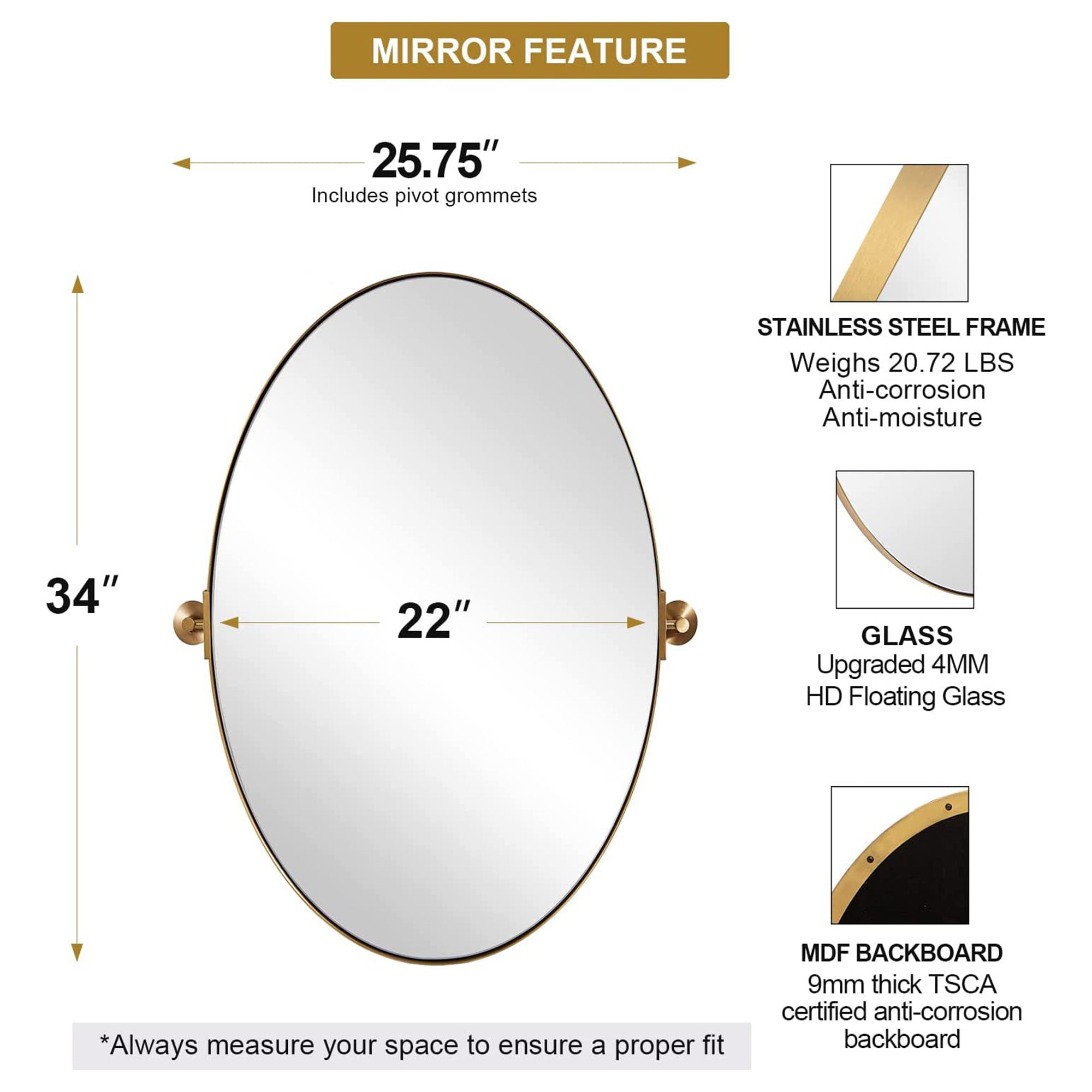 ANDY STAR  22x34 Inch Oval Wall Hanging Bathroom Mirror, Brushed Gold (Open Box) - VMInnovations