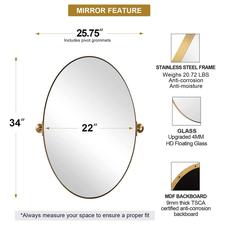 ANDY STAR  22x34 Inch Oval Wall Hanging Bathroom Mirror, Brushed Gold (Open Box)