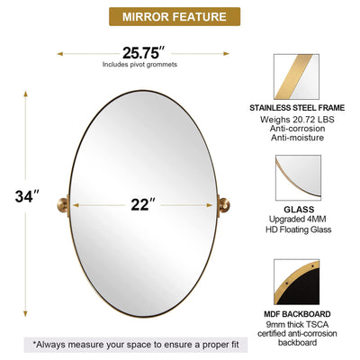 ANDY STAR 22 x 34 Inch Oval Wall Hanging Bathroom Mirror, Brushed Gold (Used)