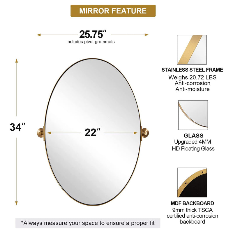 ANDY STAR 22 x 34 Inch Oval Wall Hanging Bathroom Mirror, Brushed Gold (Used)