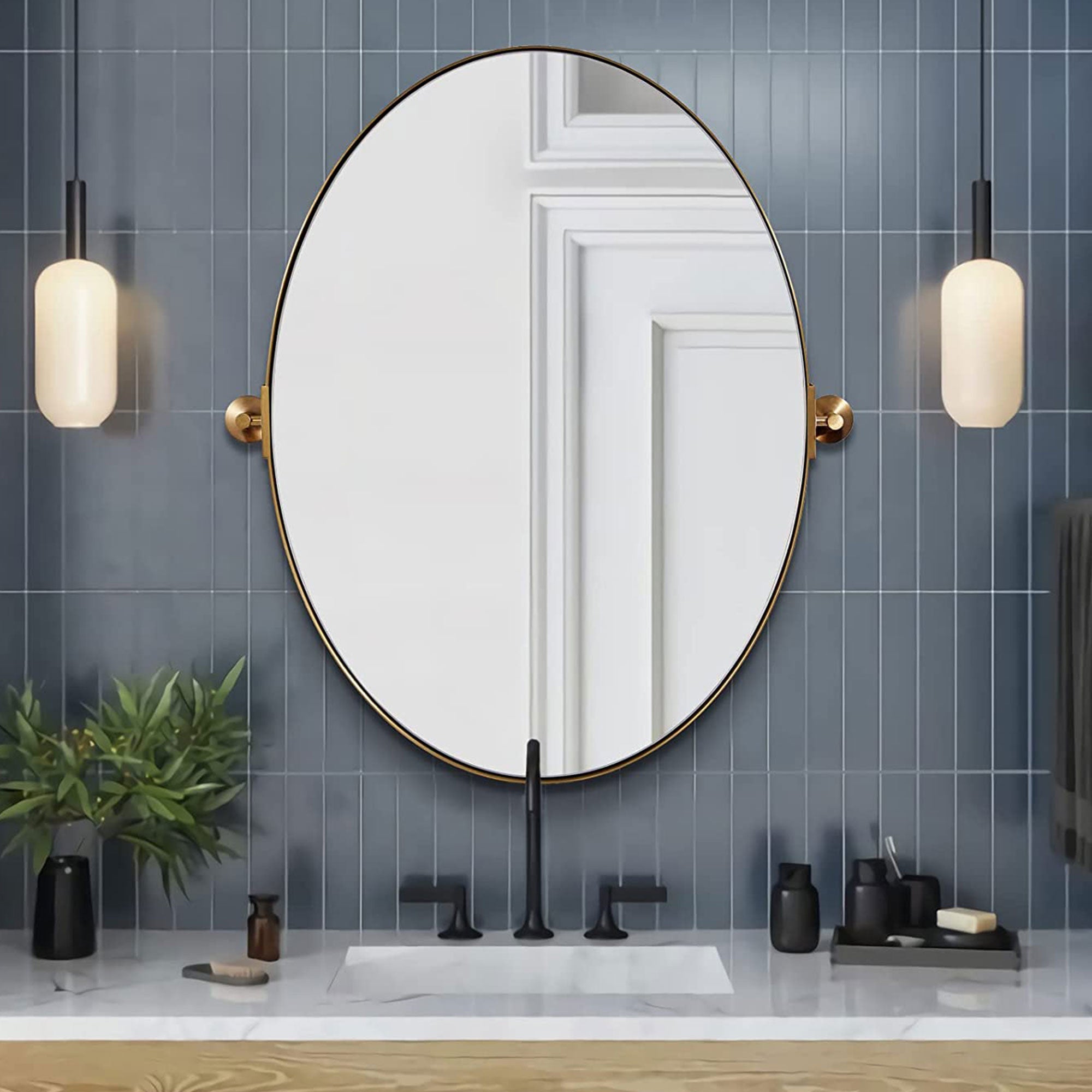 ANDY STAR  22x34 Inch Oval Wall Hanging Bathroom Mirror, Brushed Gold (Open Box) - VMInnovations
