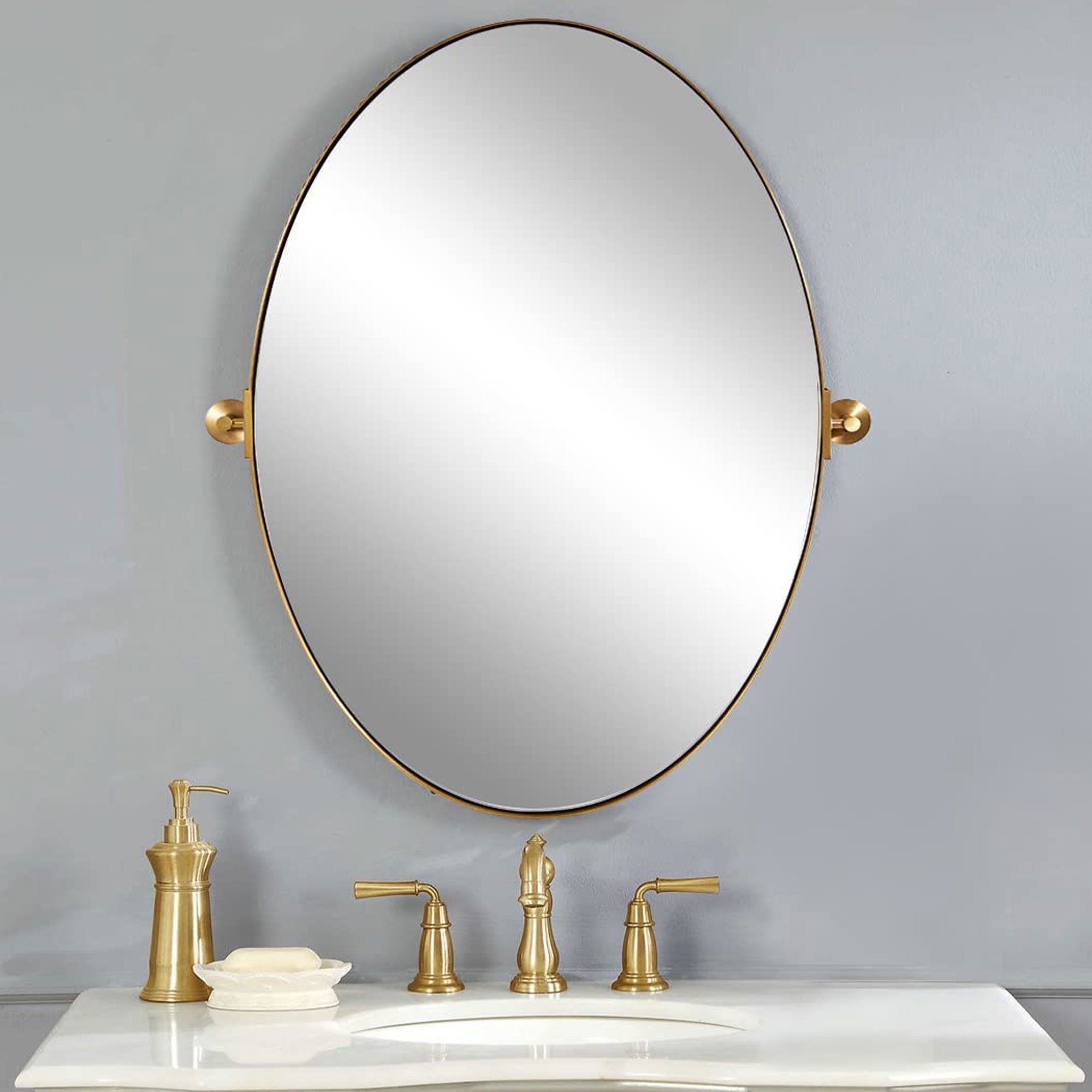 ANDY STAR 22 x 34 Inch Oval Wall Hanging Bathroom Mirror, Brushed Gold (Used) - VMInnovations