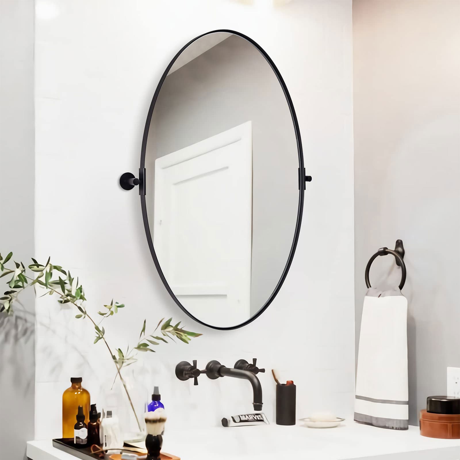 ANDY STAR Modern 22 x 34 Inch Oval Wall Hanging Bathroom Mirror, Matte Black - VMInnovations