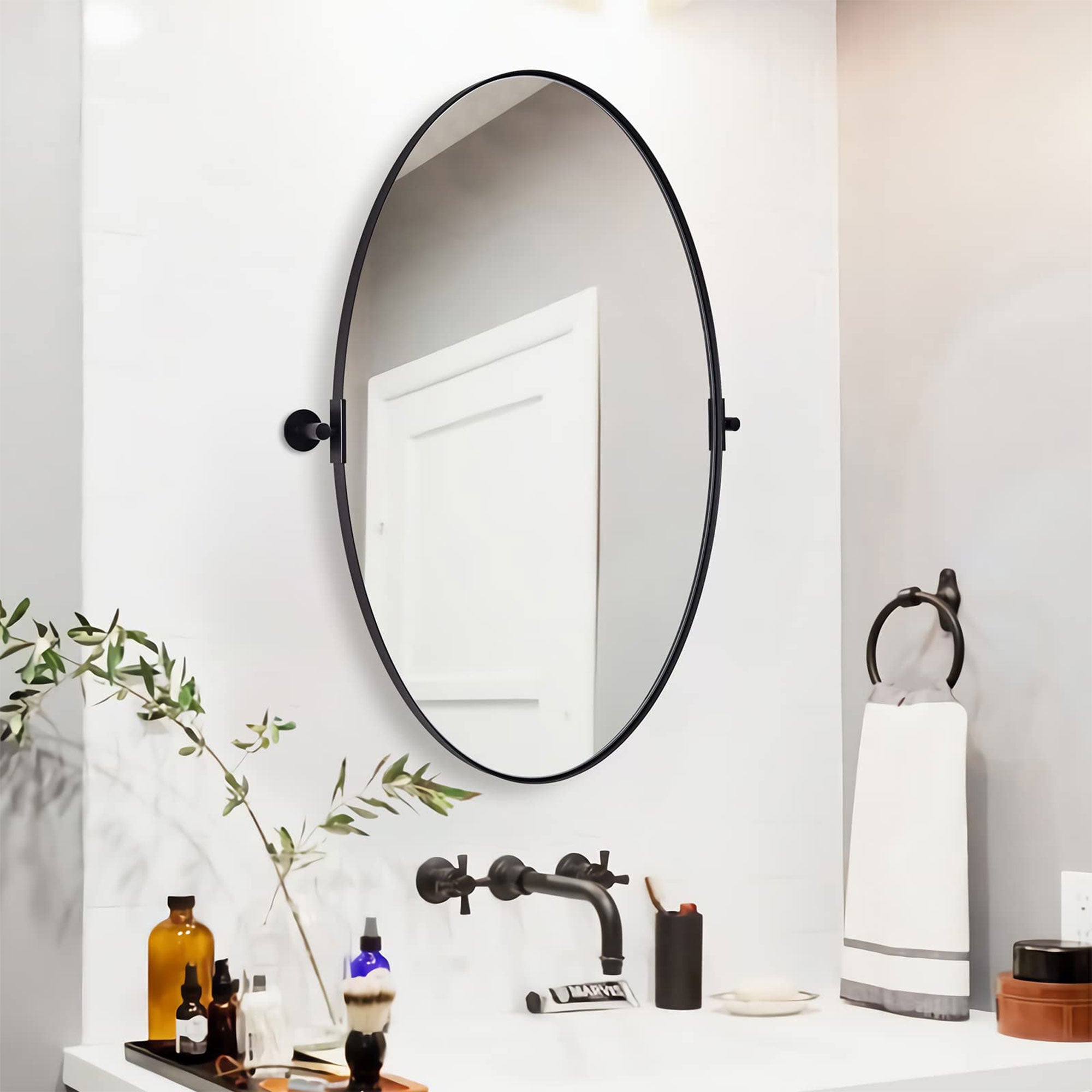 ANDY STAR Modern 22 x 34 Inch Oval Wall Hanging Bathroom Mirror, Matte Black - VMInnovations