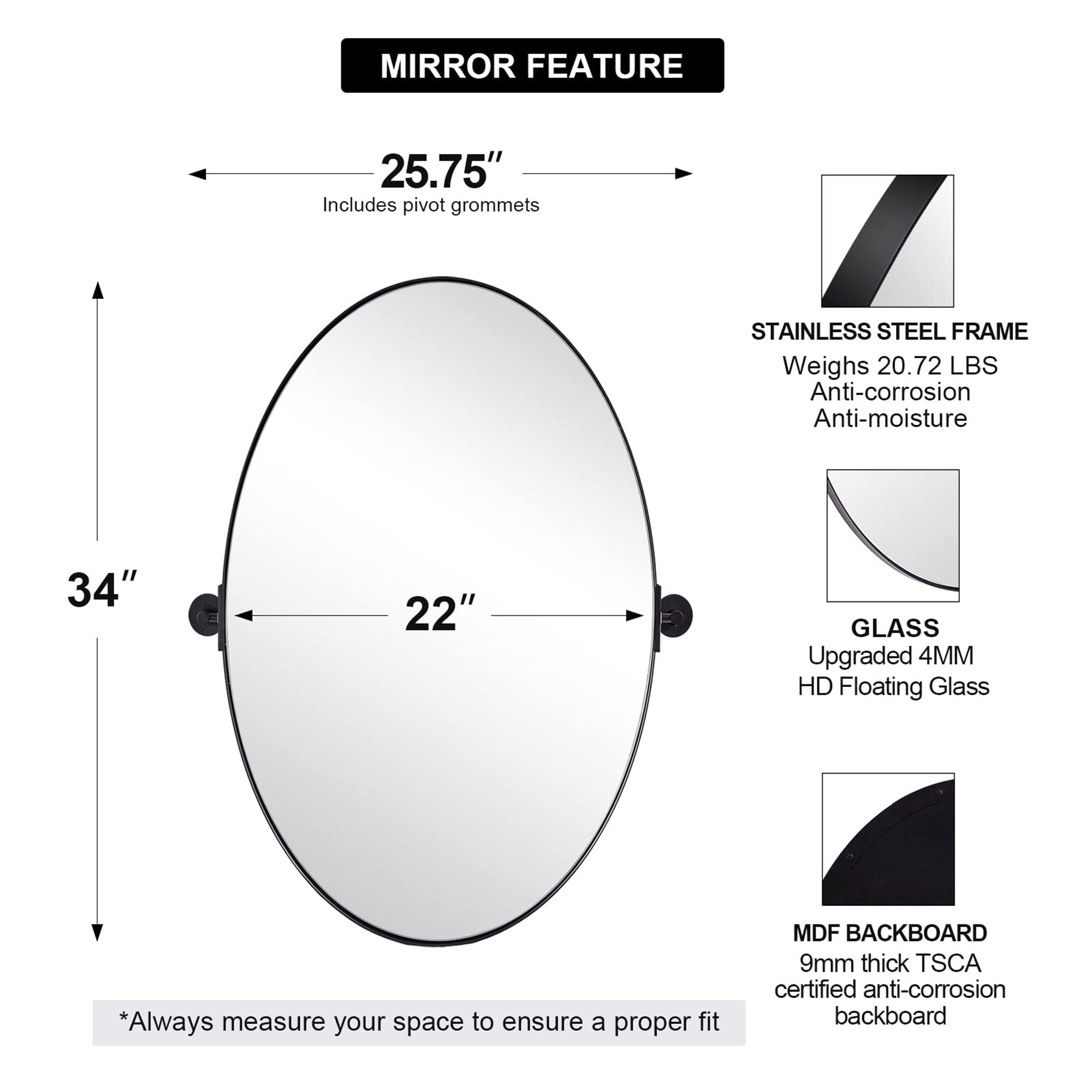 ANDY STAR Modern 22 x 34 Inch Oval Wall Hanging Bathroom Mirror, Matte Black - VMInnovations