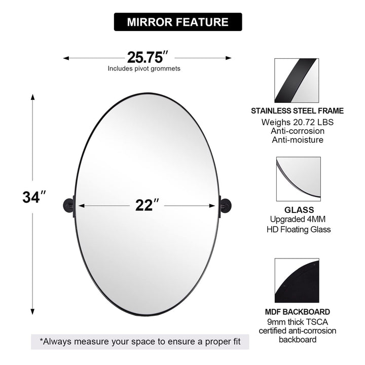 ANDY STAR Modern 22 x 34 Inch Oval Wall Hanging Bathroom Mirror, Matte Black