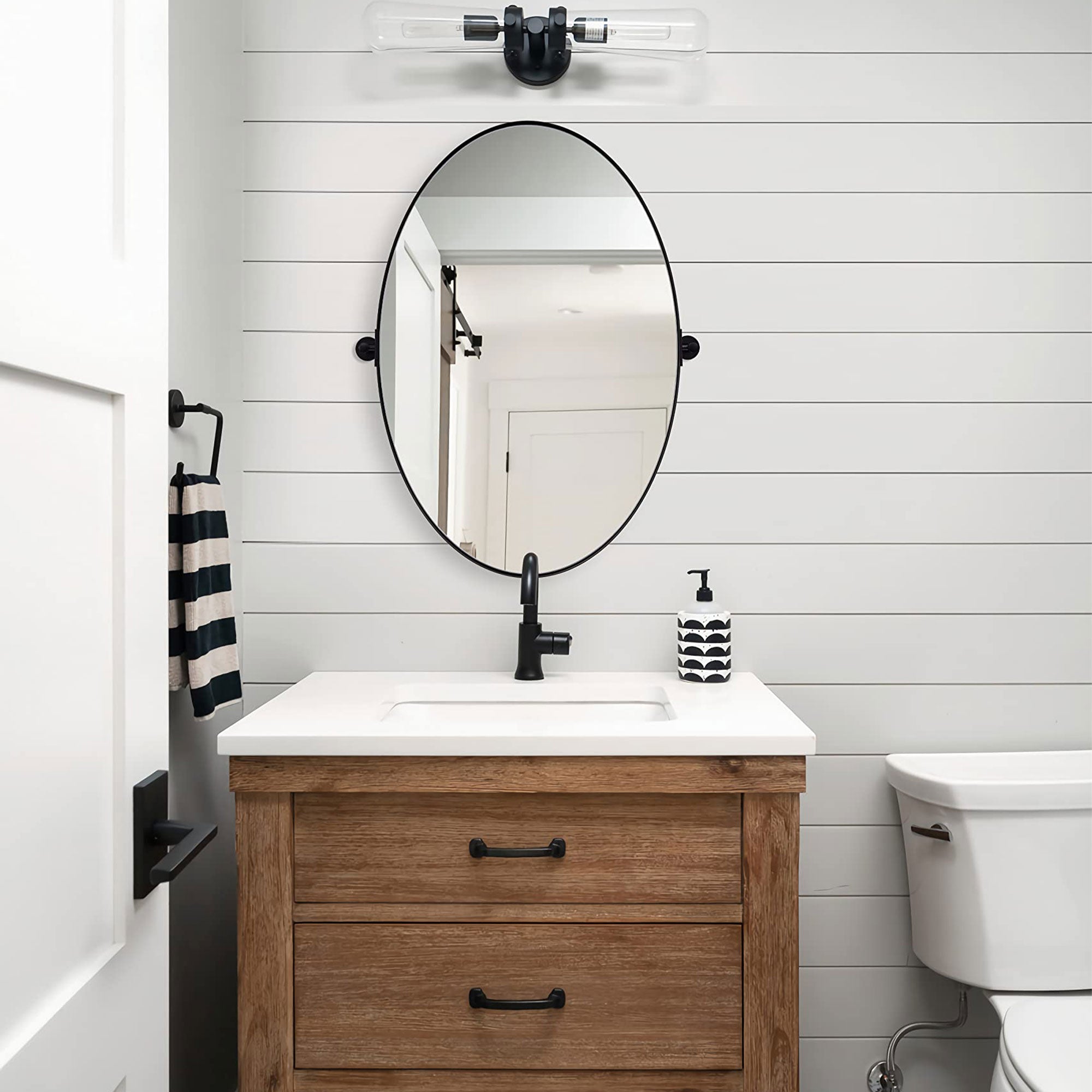 ANDY STAR Modern 22 x 34 Inch Oval Wall Hanging Bathroom Mirror, Matte Black - VMInnovations