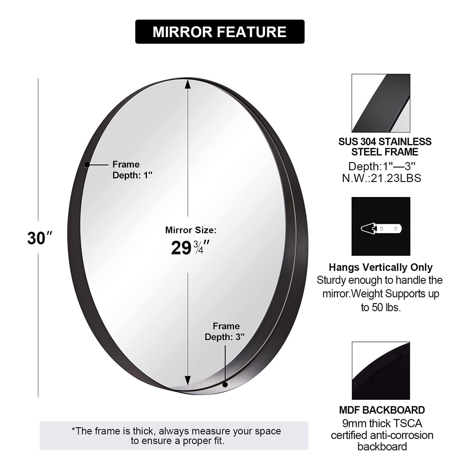 30 Inch Circle Mirror 3 In Deep w/ Stainless Steel Metal Frame, Black (Open Box) - VMInnovations