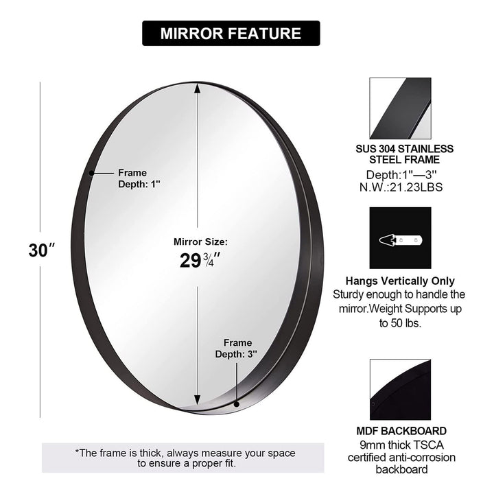 30 Inch Circle Mirror 3 In Deep w/ Stainless Steel Metal Frame, Black (Open Box)