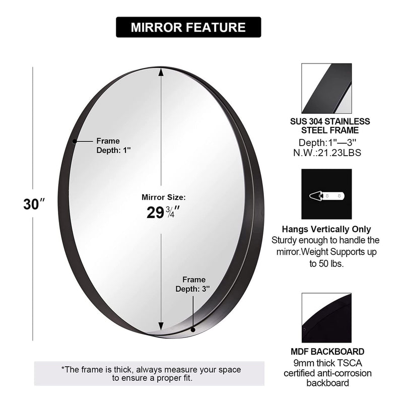 ANDY STAR 30 Inch Circle Mirror 3 In Deep w/ Stainless Steel Metal Frame, Black