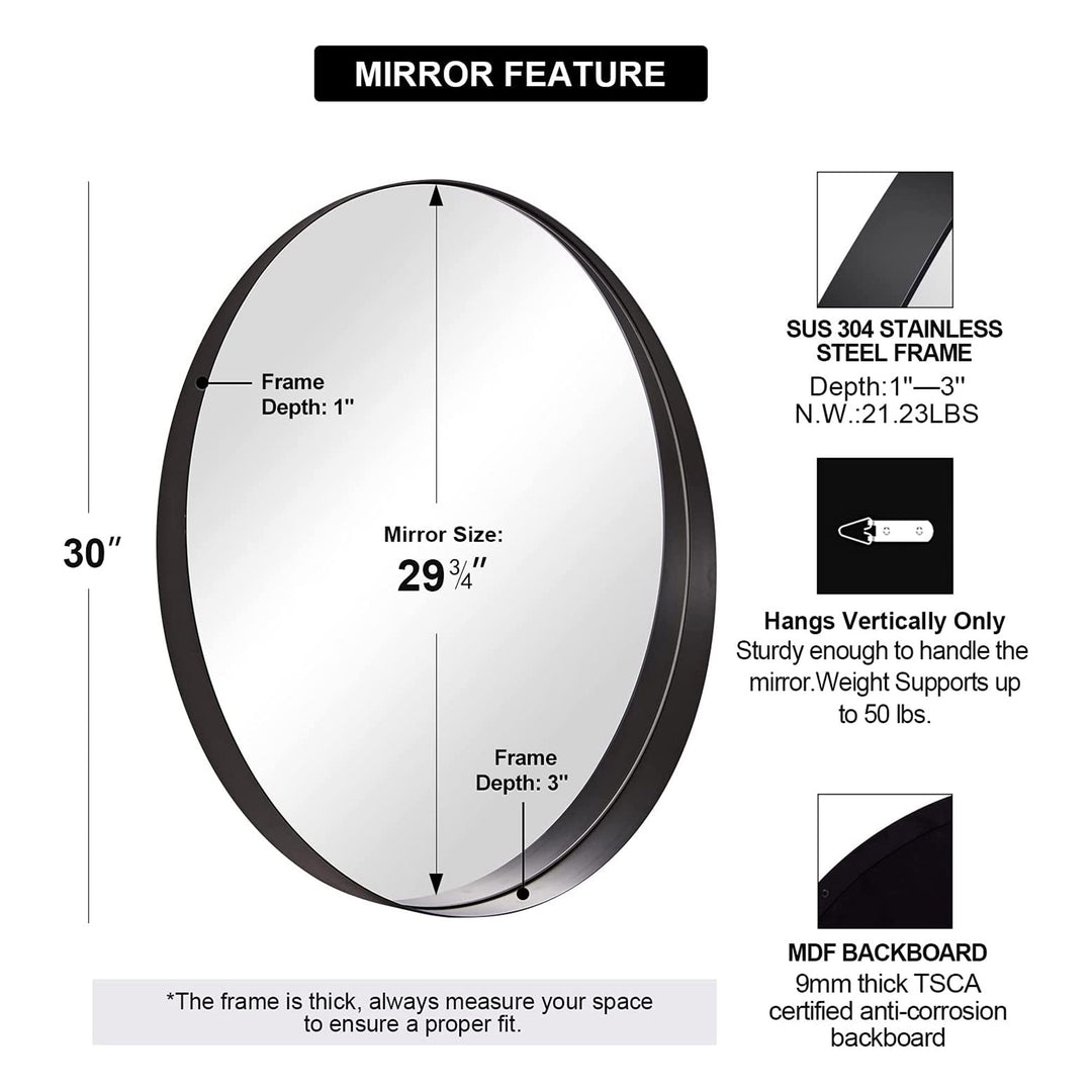 30 Inch Circle Mirror 3 In Deep w/ Stainless Steel Metal Frame, Black (Open Box)