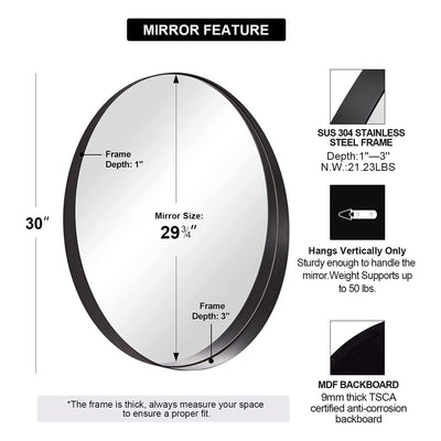 30 Inch Circle Mirror 3 In Deep w/ Stainless Steel Metal Frame, Black (Open Box)