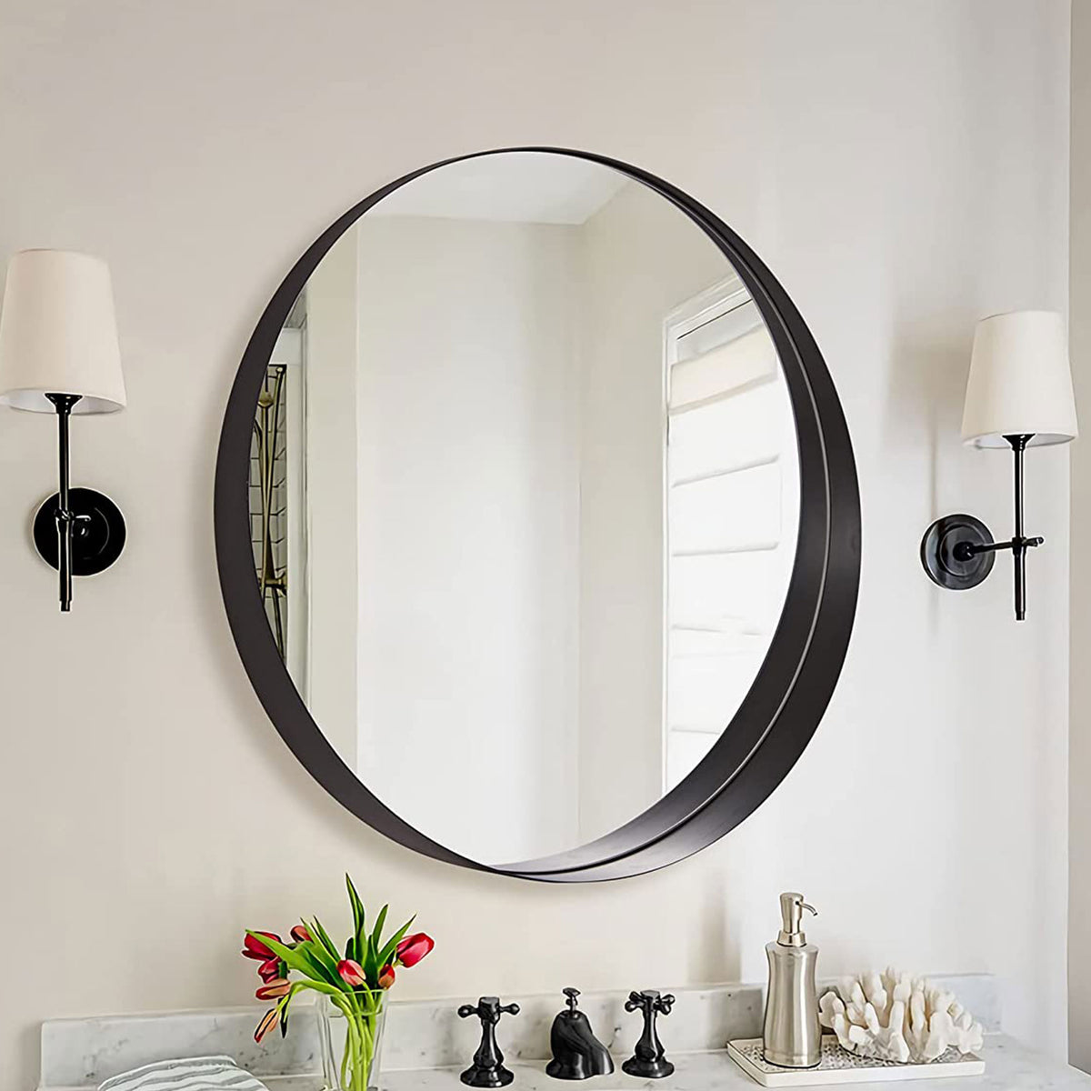 30 Inch Circle Mirror 3 In Deep w/ Stainless Steel Metal Frame, Black (Open Box)