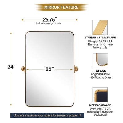 ANDY STAR Modern 22x34" Rectangular Wall Hanging Bathroom Mirror, Brushed Nickel