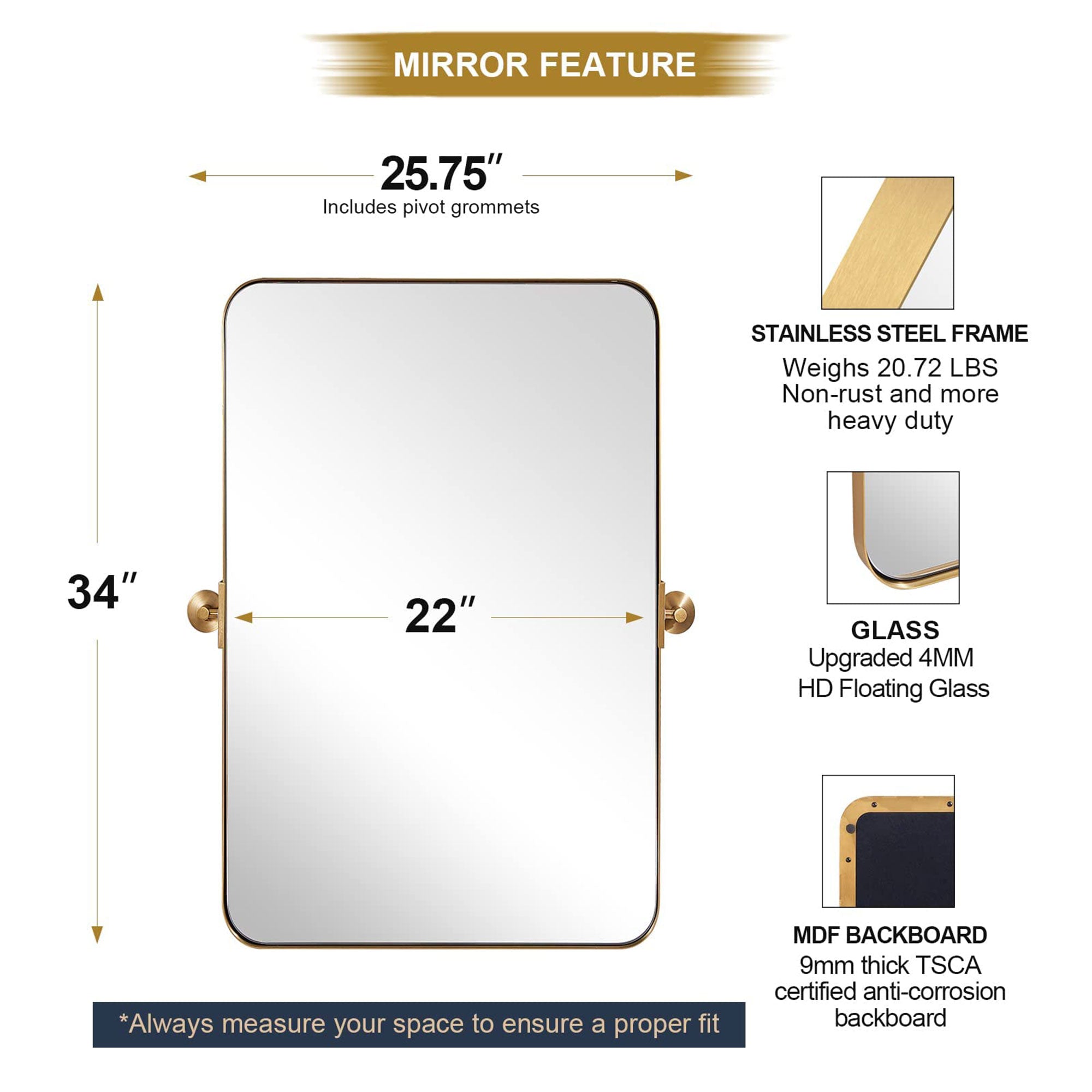 ANDY STAR Modern 22x34" Wall Hanging Bathroom Mirror, Brushed Nickel (Used) - VMInnovations