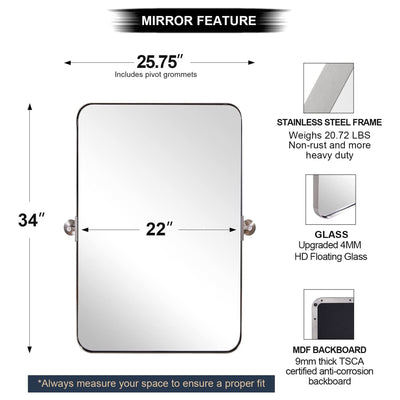ANDY STAR Modern 22x34" Rectangular Wall Hanging Bathroom Mirror, Brushed Nickel