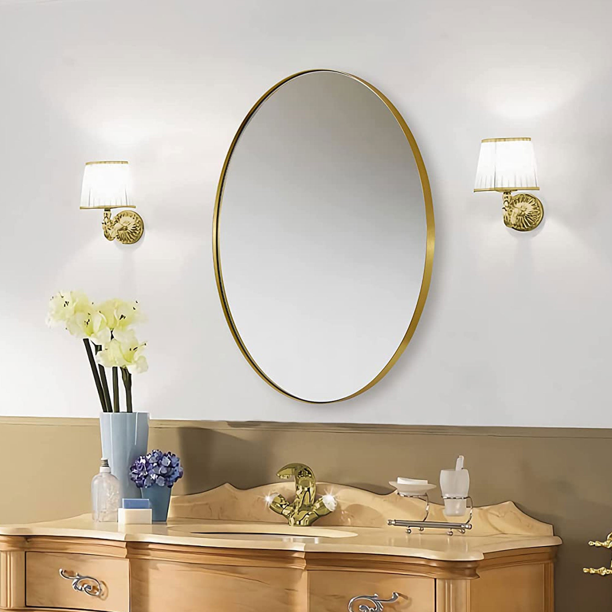 ANDY STAR Modern 20x28" Oval Wall Hanging Bathroom Vanity Mirror, Gold(Open Box) - VMInnovations