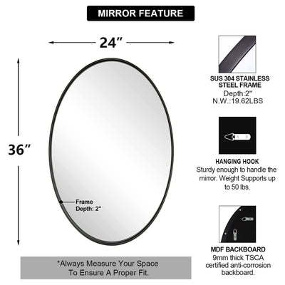 ANDY STAR 24 x 36 Inch Oval Deep Metal Frame Wall Mirror, Matte Black (Open Box)