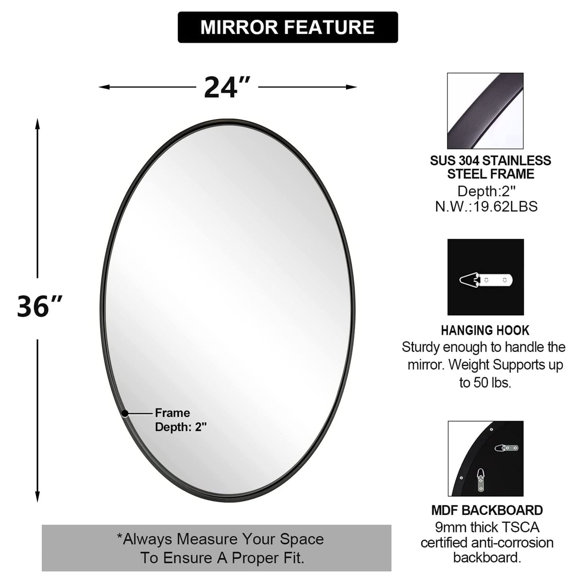 ANDY STAR 24"x36" Oval Hanging Deep Metal Frame Wall Mirror, Matte Black (Used) - VMInnovations
