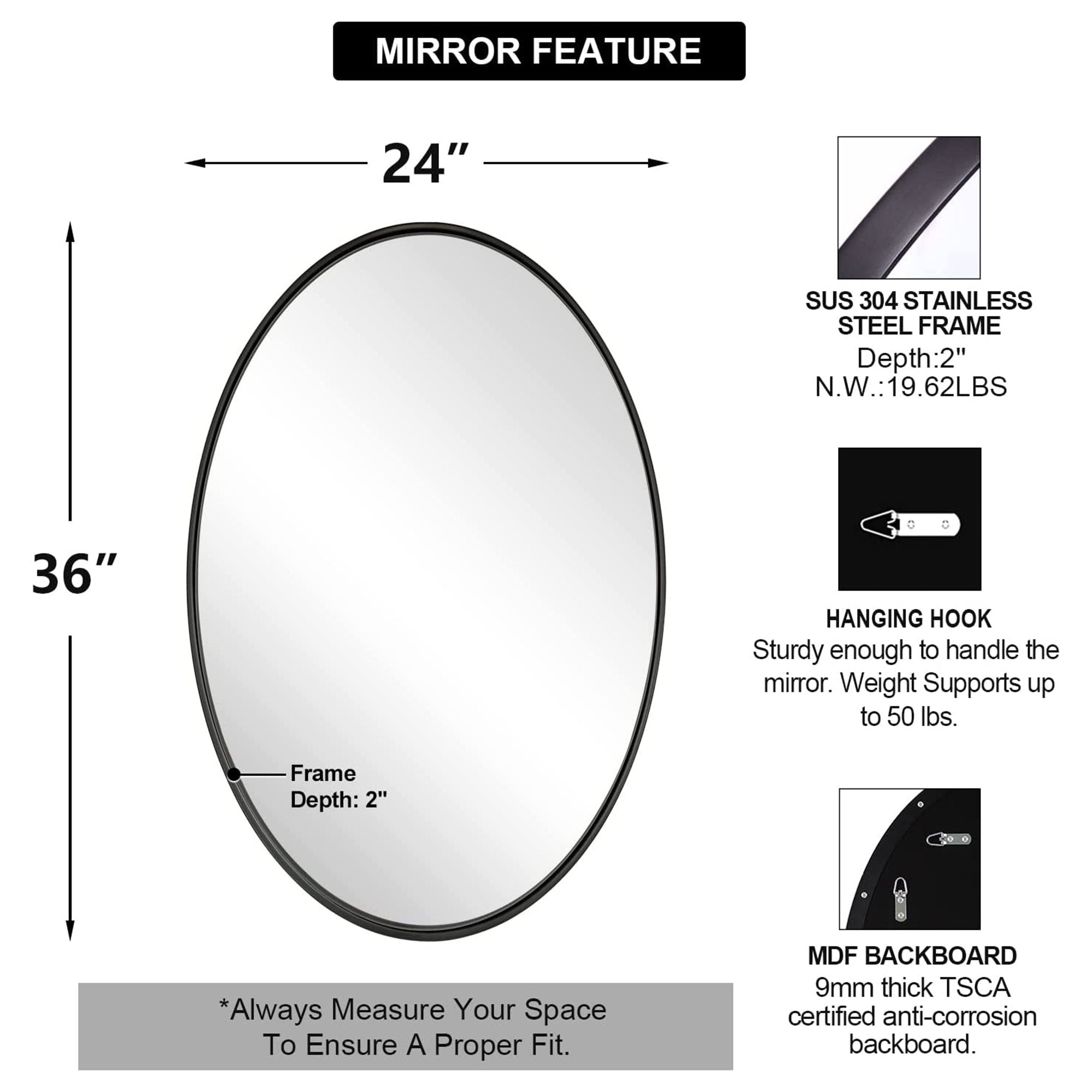 ANDY STAR 24"x36" Oval Hanging Deep Metal Frame Wall Mirror, Matte Black (Used) - VMInnovations